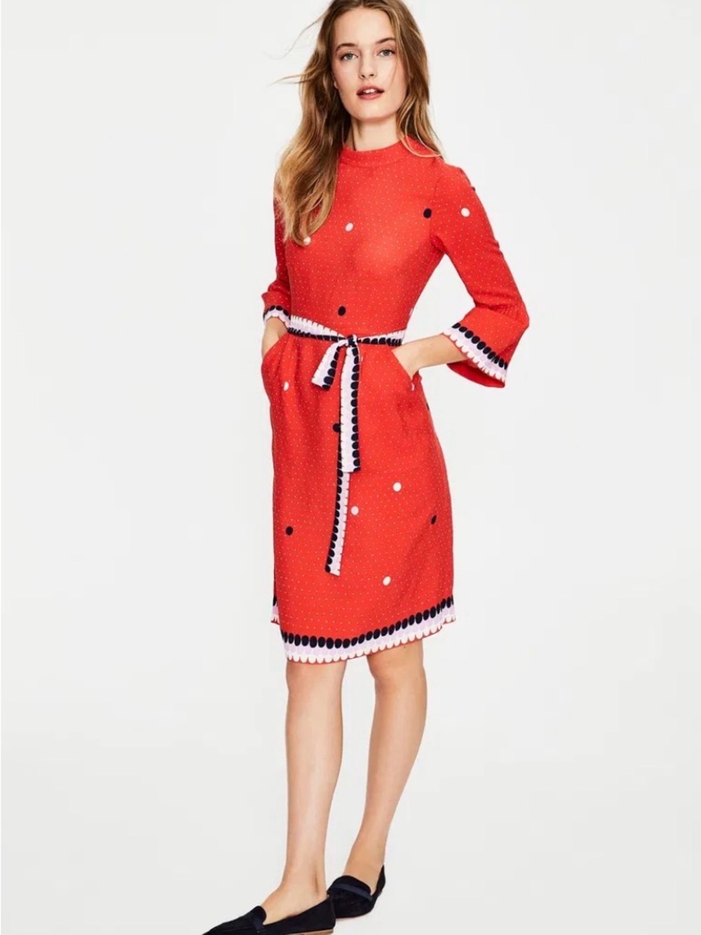 Preppy Artsy Boho Boden "Armelle" Red Pop Spot Viscose Midi Tie Dress Pockets 4